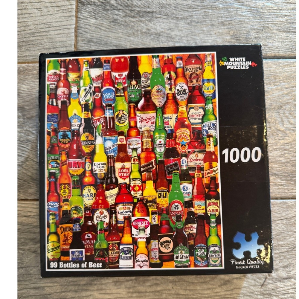 White Mountain Puzzle 99 Bottles of Beer 1000 pc Collage Jigsaw Open Box 1011T